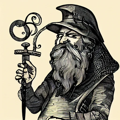 Image similar to wizard with beard, holding a bomb, dnd, high detail, fantasy, in the style of vintage antique illustration and line drawing or engraving - c 9. 0