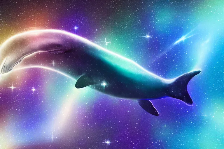 Image similar to a cosmic bioluminescent whale jumping through a space nebula leaving stardust trails behind, digital art, photorealistic