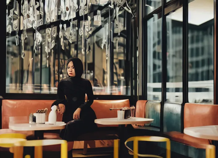 Image similar to young adult filipino woman in a coffee shop wearing an avant garde outfit designed by zaha hadid, natural light, magazine photo, 5 0 mm
