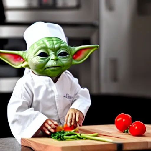 Image similar to tiny and innocent baby yoda appears as a chef wearing a white chefs hat and apron in a beautiful kitchen, preparing some food