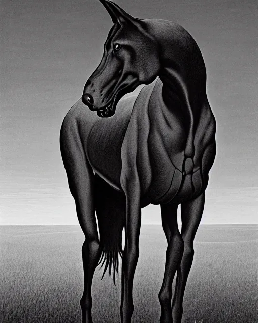 Prompt: painting of hybrid between black weimaraner & black stallion horse! & intercrossed animal, by zdzislaw beksinski, by mattias adolfsson, symmetry, single object scene, beautiful composition, 8 k, shot, depth of view,