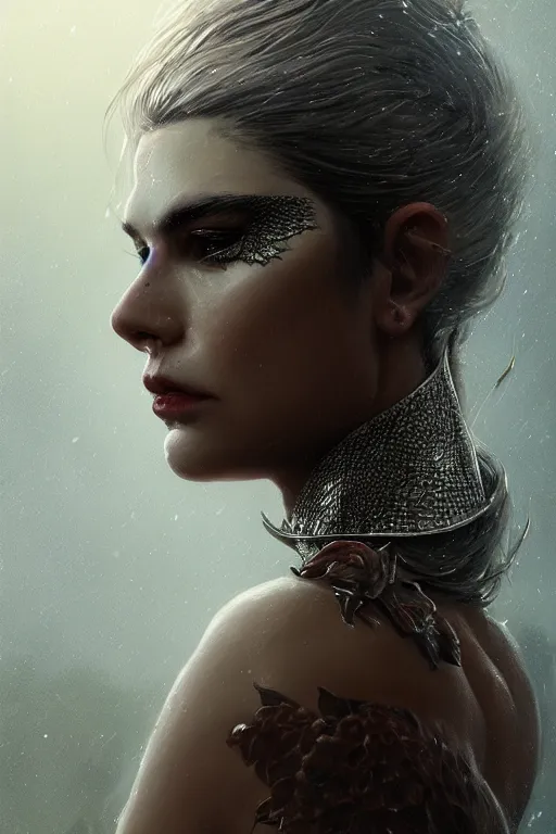 Image similar to a fancy portrait of an attractive hybrid women with dragon scales by Greg Rutkowski, Sung Choi, Mitchell Mohrhauser, Maciej Kuciara, Johnson Ting, Maxim Verehin, Peter Konig, final fantasy , mythical, 8k photorealistic, cinematic lighting, HD, high details, atmospheric,