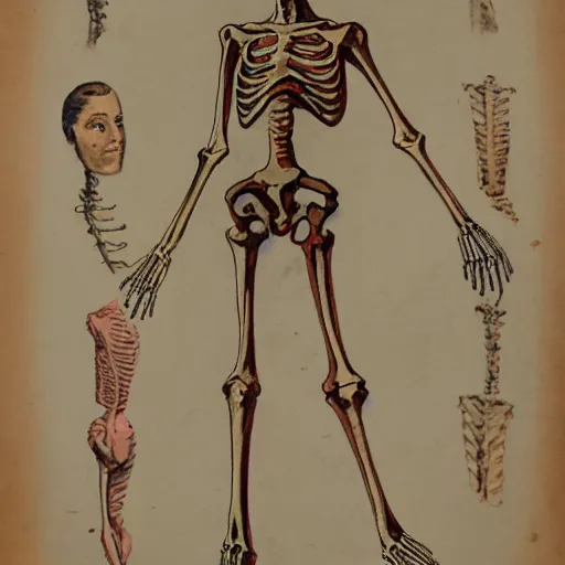 Image similar to vintage, detailed, colored sketch of woman with 3 arms anatomy, full body, skeleton, with full descriptions, on parchment