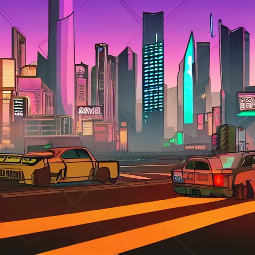 Prompt: Cyberpunk City, background art, Lucas Arts Adventure