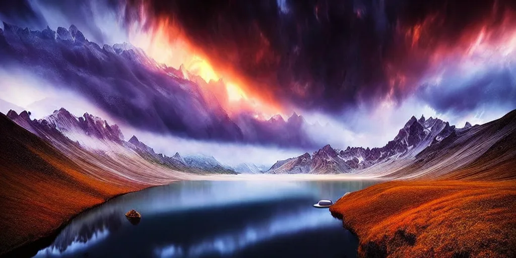 Image similar to amazing landscape photo of astronaut!!! with lake at sunise by Marc Adamus beautiful dramatic lighting, surrealism