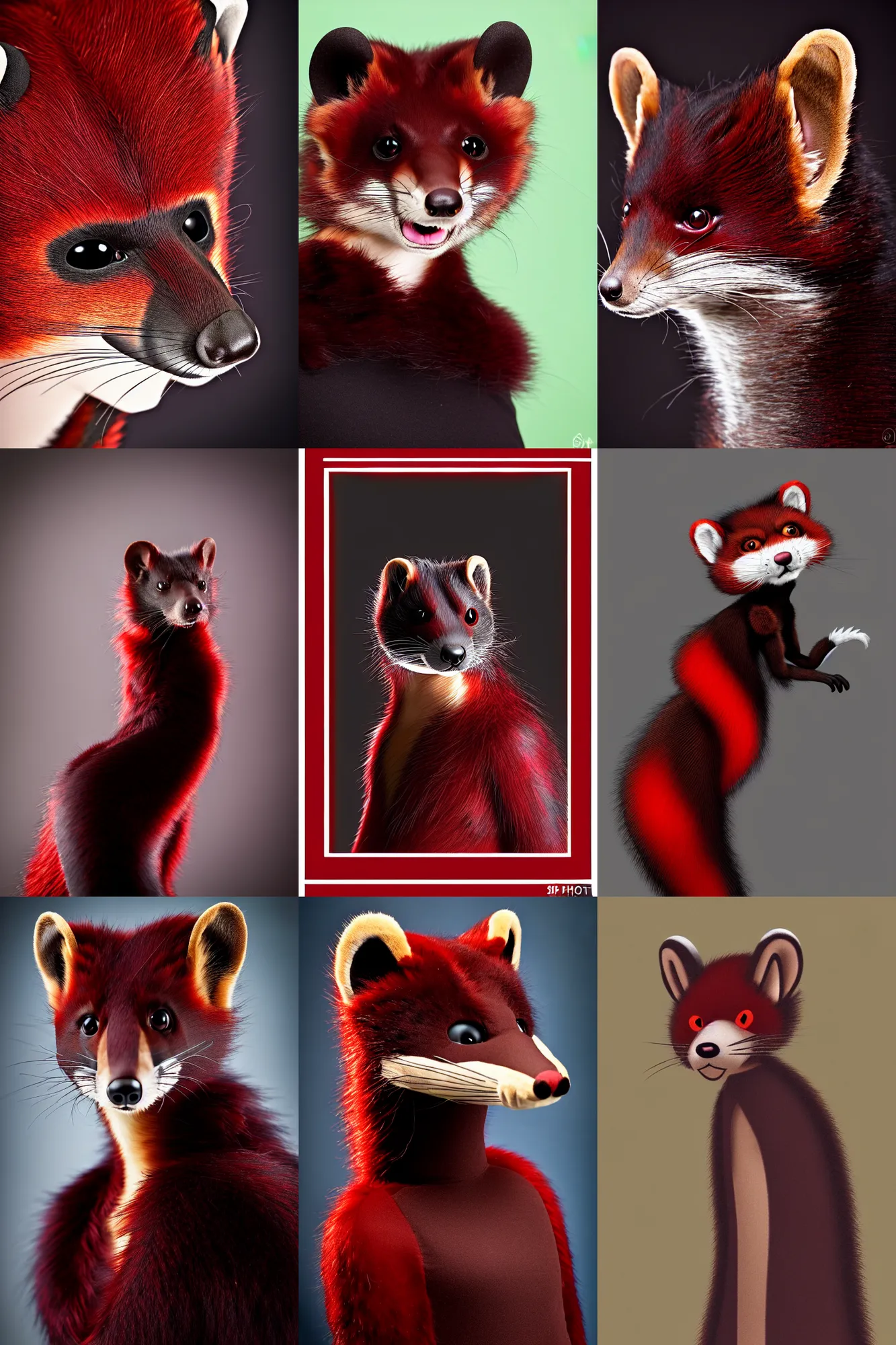 Prompt: photo studio portrait of a red - black weasel furry fursona