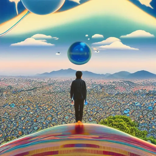 Image similar to a man walking on clouds away from the camera above kyoto by takashi murakami, beeple and james jean, aya takano color style, 4 k, super detailed, modern, 4 k, symmetrical