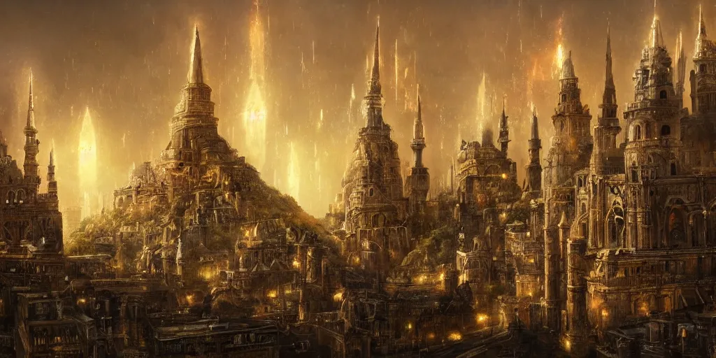 Image similar to magical city of the Great Tartarian Empire adorned with amazing lost technology, lighting resembling fireflies, spires from rooftops collecting and distributing etheric energy, the centerpiece of the city is a colossal ancient pyramid made of metal, cityscape, combining intense detail & utmost quality, Christian Hecker, Artstation, - H 832