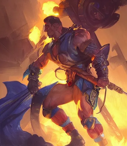 Prompt: ready to fight soldier with blue and yellow flag, fire background, fire burst, muscular masculine figure, dungeons and dragons portrait, highly detailed, digital painting, artstation, concept art, sharp focus, matte, illustration, art by artgerm and greg rutkowski and alphonse mucha