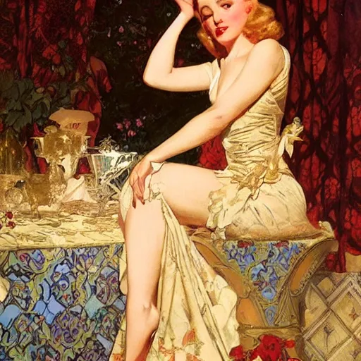 Image similar to portrait of a beautiful woman, intricate, elegant, highly detailed, by gil elvgren, greg manchess, mucha