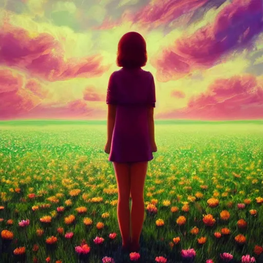 Image similar to face made of carnations flower, girl standing in a flower field, surreal photography, sunrise dramatic light, impressionist painting, colorful clouds, digital painting, artstation, simon stalenhag, flower face