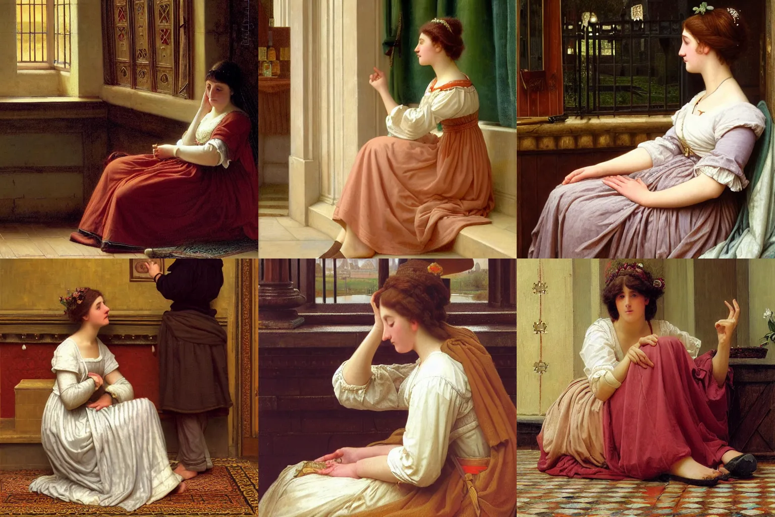 Prompt: painting by Edmund Blair Leighton of a beautiful barmaid in old silky clothes sitting on the floor, looking at her hands with a surprised expression on her face, detailed face, touching her clothes, the interior of a medieval castle in the background, 4k oil on linen by Edmund Blair Leighton, highly detailed, soft lighting 8k resolution