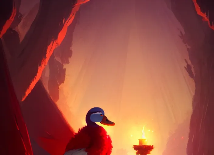 Image similar to cute fluffy mallard duck wearing red cultist robe, details, fantasy, epic, sacrificial altar, landscape illustration concept art anime key visual trending pixiv fanbox by wlop and greg rutkowski and makoto shinkai and studio ghibli and kyoto animation symmetrical facial features