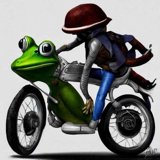 Prompt: a frog riding a motorcycle, digital painting, artstation, photo