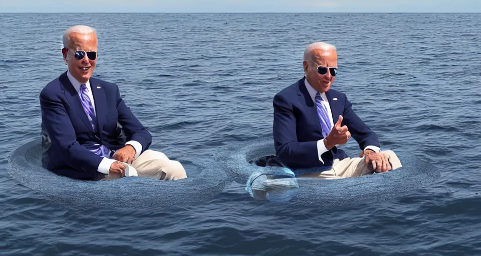 Image similar to joe biden sitting on a floating ring in the ocean