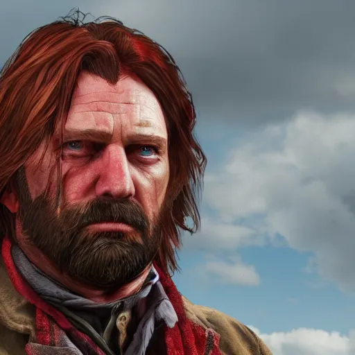 Image similar to a portrait of red!! long!! haired!! angry!! man!! as a red dead redemption 2 character shot from red dead redemption 2, ray tracing x, wet reflections, unreal engine 5, intricate details, fantasy, hyper realism, humongous view, smooth, cinematic