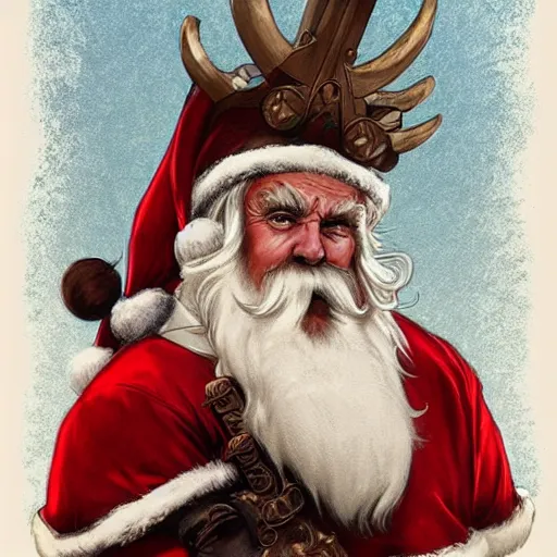 Image similar to santa claus wearing a viking helmet, art by artgerm, greg rutkowski and alphonse mucha