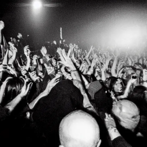 Prompt: photo of the pope in the mosh pit at a Nine Inch Nails concert