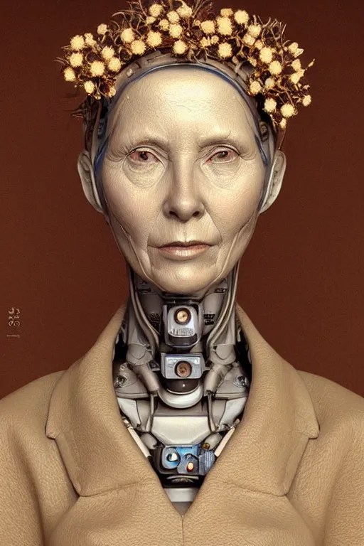 Image similar to portrait of a old female robot grandmother, intricate, dystopian toy, sci-fi, simple crown of little flowers, extremely detailed, digital painting, sculpted in zbrush, artstation, concept art, smooth, sharp focus, illustration, chiaroscuro lighting, golden ratio, incredible art by artgerm and greg rutkowski and alphonse mucha and simon stalenhag