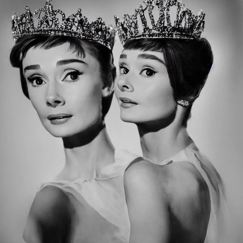 Image similar to portrait of audrey hepburn as a crowned queen, ultra realistic, canon 3 5 mm photography