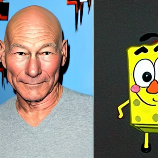 Prompt: photo of patrick stewart next to spongebob