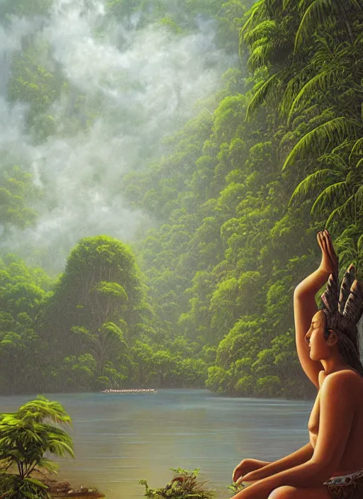 Image similar to an indigenous woman meditating near a river in the amazon jungle, art by christophe vacher