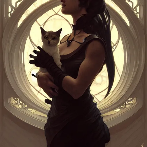 Image similar to Portrait of cat in empty room, dark fantasy, intricate, elegant, highly detailed, digital painting, artstation, concept art, smooth, sharp focus, illustration, art by artgerm and greg rutkowski and alphonse mucha