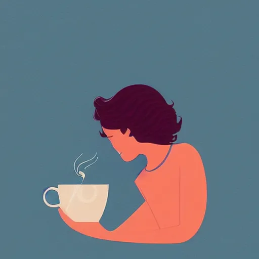 Image similar to illustration of a girl having a cup of coffee, happy feeling, waking up, by malika favre and victo ngai