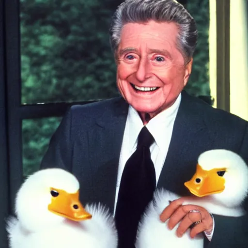 Prompt: regis philbin, holding a white duck