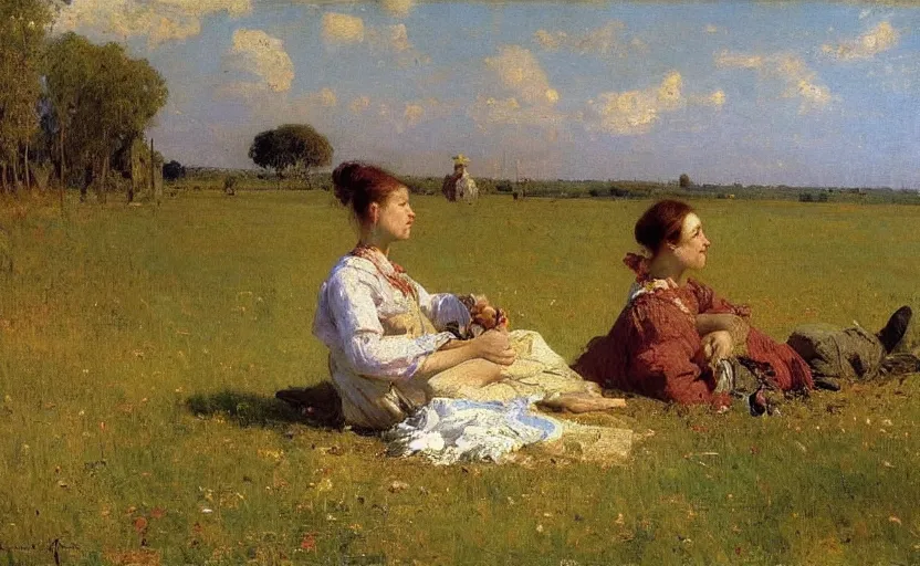 Image similar to high quality high detail painting by ilya repin, a couple in the field, hd