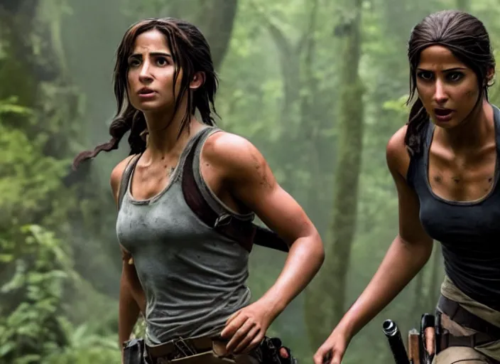 Image similar to film still of!!!! naomi scott!!! as lara croft in new tomb raider movie, 8 k