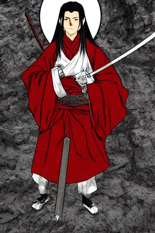 Image similar to samarai cloaked in white with swords, standing in light beam of a dark cave, ruby red sorrow, high quality, ultra detail