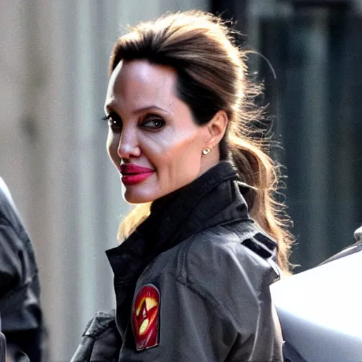 Image similar to angelina jolie as a ghostbuster highly detailed face