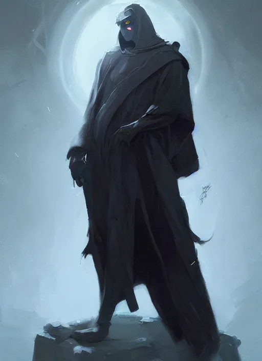 Image similar to concept art of a character with a black robe, glowing eye, digital art, trending on artstation, peter mohrbacher and greg rutkowski