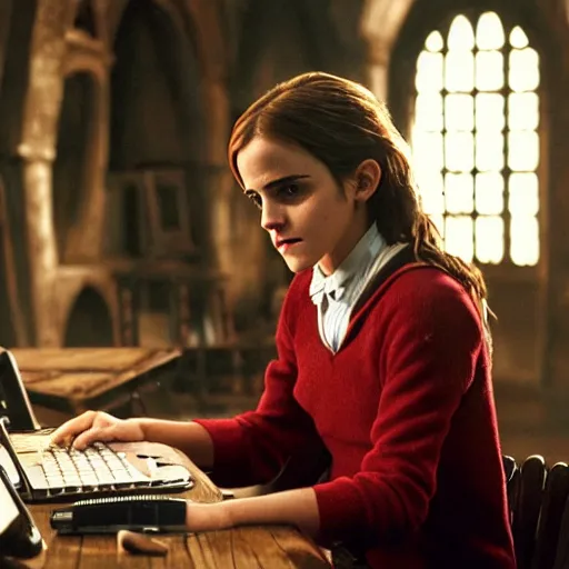 Image similar to Photo of Emma Watson using a computer in Hogwarts