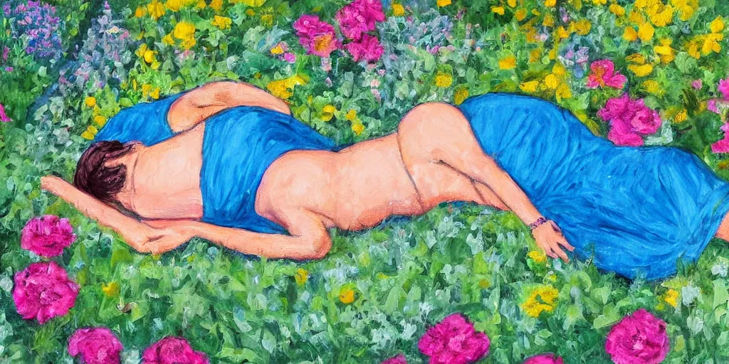 Image similar to painting of woman in fetal position lying down in garden