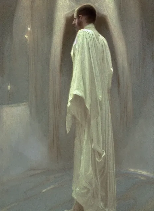 Image similar to an oil painting of a tall person in flowing white robes standing in a hazy, gloomy, dark room, art nouveau in the style of john singer sargent, greg rutkowski, maxfield parrish and alphonse mucha