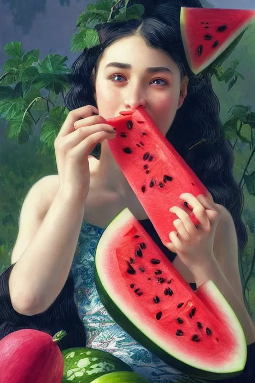 Image similar to beautiful cottagecore doja cat eating watermelon, intricate, elegant. the background is pink !. highly detailed, digital painting, artstation, concept art, smooth, sharp, focus, illustration. . art by artgerm and greg rutkowski and alphonse mucha