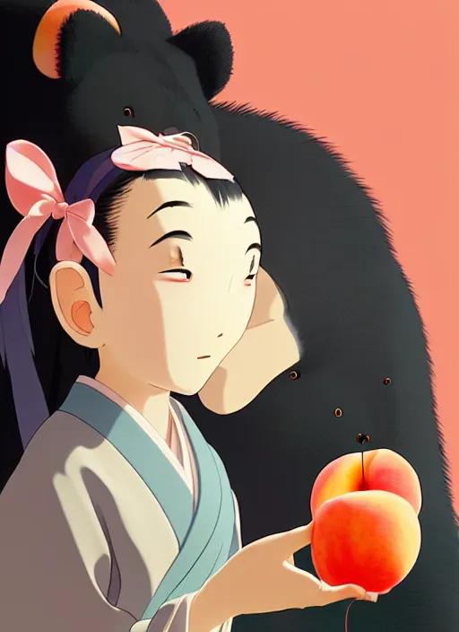 Prompt: painting of a girl wearing a kimono giving a peach to an anthropomorphic asian black bear, featured in artstation, octane render, cinematic, elegant, intricate, 8 k, close up, in the style of studio ghibli and heikala and most famous japanese artists,