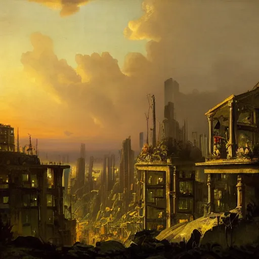 Image similar to vista of a city at sunset, the city is a sprawling renaissance city that is built amidst brutalist cyclopean tombs and overgrown by the rainforest, rpg, hubert robert, cityscape, vista, dying earth, gene wolfe