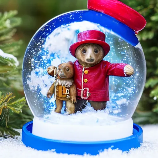 Image similar to paddington bear trying to escape from the inside of a snow globe