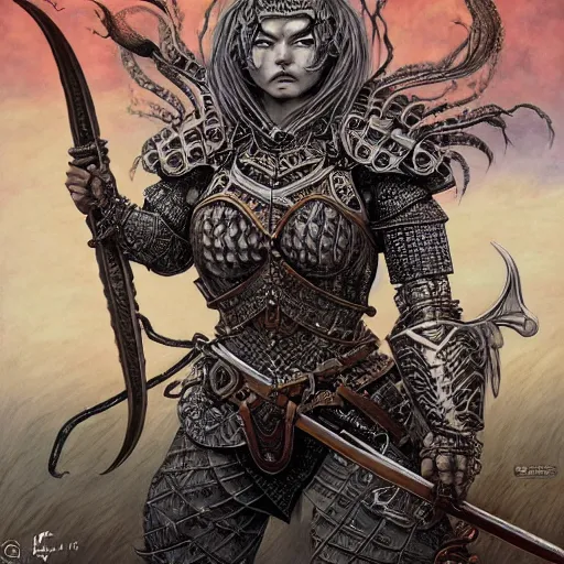 Prompt: a fierce and muscular warrior princess in full armor, fantasy character portrait in jacek yerka and aykut aydogdu leslie zhang style drawn by vania zouravliov and takato yamamoto,, intricate acrylic gouache painting, high detail, sharp high detail, artstation, manga and anime