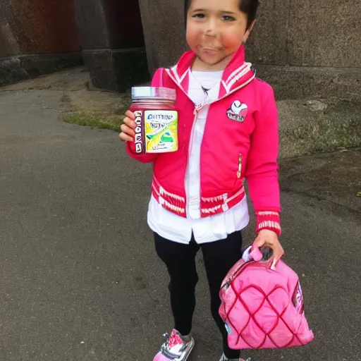 Image similar to charly with the racing jacket holding a jar of strawberry candy