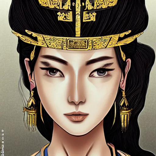 Image similar to ancient asian dynasty princess, three kingdom, dynasty warriors, cute face, standing in an oasis in the desert, comics, beautiful, elegant, headshot, long black hair, digital painting, smooth, concept art