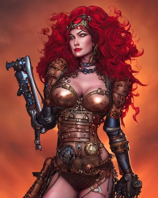 Prompt: a stunning medium shot portrait of red sonja as a steampunk mecha princess, digital art by julie bell and dan mumford and artgerm and ross tran and angel ganev, highly detailed, trending on artstationhq
