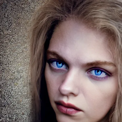 Image similar to a vivid portrait of a female with beautiful hair, light skin, and big blue eyes, soft cinematic lighting, shallow depth of field, photograph by annie leibovitz, 4k