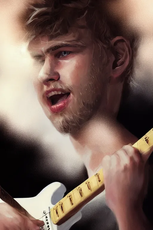 Image similar to blonde wild hair boy playing fender stratocaster, black eye - patch, close - up portrait, plain white tshirt, powerfull, intricate, elegant, volumetric lighting, scenery, digital painting, highly detailed, artstation, sharp focus, illustration, concept art, steve mccurry