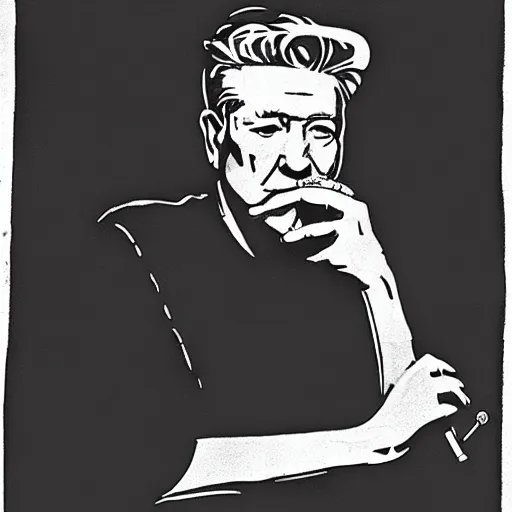 Image similar to woodcutting of david lynch smoking a cigarette, black and white