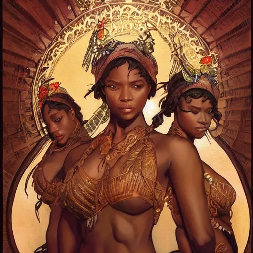 Image similar to three!! beautiful Zulu goddesses, intricate, elegant, highly detailed, digital painting, artstation, concept art, smooth, sharp, focus, illustration, art by artgerm and greg rutkowski and alphonse mucha