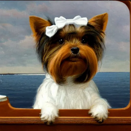 Prompt: a Yorkshire terrier wearing a black bow tie on a yacht, extremely detailed masterpiece, illustration, by Michael Sowa,